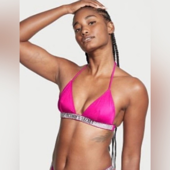 Victoria Secret Swim Bikini Top Large Dark Pink Shine Strap Bling Halter NWT - Picture 3 of 8